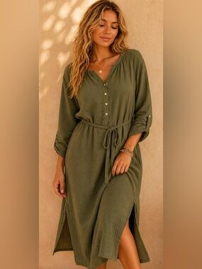 Universal Thread Olive Green Midi Shirt Dress